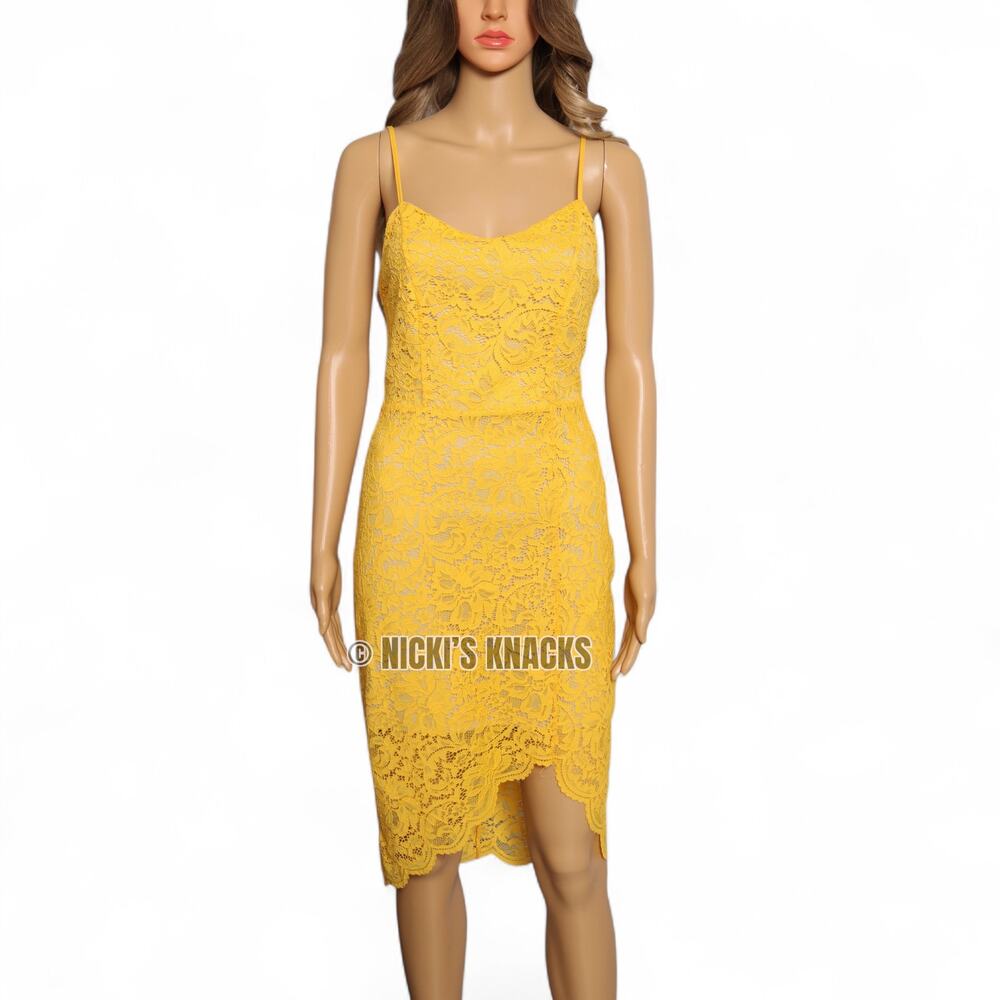 Material Girl Golden Yellow Lace Midi Dress Lace Up Back Asymmetrical Hem Size M - Picture 2 of 9